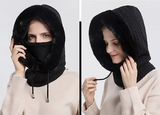 Three-In-One Winter Hooded Knit Hat - Face Mask with Faux Fur Thick Pullover