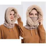 Three-In-One Winter Hooded Knit Hat - Face Mask with Faux Fur Thick Pullover