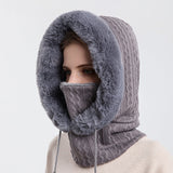 Three-In-One Winter Hooded Knit Hat - Face Mask with Faux Fur Thick Pullover