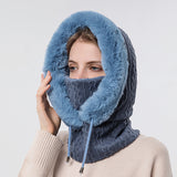 Three-In-One Winter Hooded Knit Hat - Face Mask with Faux Fur Thick Pullover