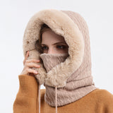 Three-In-One Winter Hooded Knit Hat - Face Mask with Faux Fur Thick Pullover