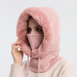 Three-In-One Winter Hooded Knit Hat - Face Mask with Faux Fur Thick Pullover