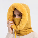 Three-In-One Winter Hooded Knit Hat - Face Mask with Faux Fur Thick Pullover