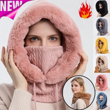 Three-In-One Winter Hooded Knit Hat - Face Mask with Faux Fur Thick Pullover