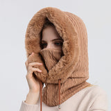 Three-In-One Winter Hooded Knit Hat - Face Mask with Faux Fur Thick Pullover