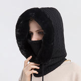 Three-In-One Winter Hooded Knit Hat - Face Mask with Faux Fur Thick Pullover